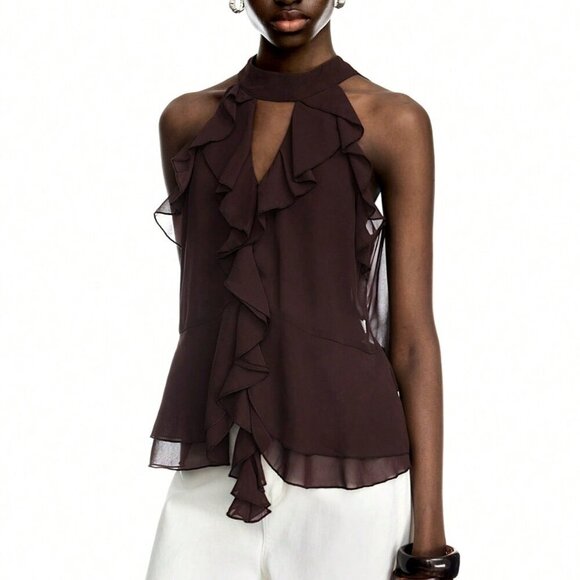 Coffee Brown Casual Women's Ruffle Chiffon Halter Top With Tie – Boho Style - Picture 6 of 7